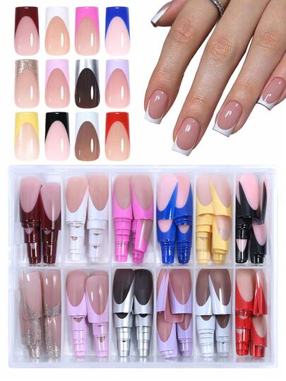 288 piezas/caja (12 colores mixtos) Uñas postizas estilo francés, puntas de uñas francesas cuadradas multicolor, cómodas de usar, uñas DIY fáciles de usar para mujeres para uso diario y en salones de belleza