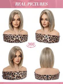 12 Inch Short Straight Wig, Blonde Top With Black Roots, Suitable For Daily Makeup And Parties, Heat Resistant Synthetic Fiber Material - Gold - View 9