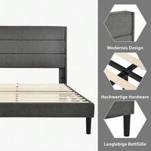Upholstered Bed 140 X 200 Cm, Bed Frame With Slatted Base And Headboard, Double Upholstered Bed, Dark Grey Linen Cover, Timeless Modern Design, Children's Bed - Grey - View 4