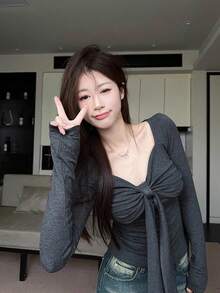 新款蝴蝶结领针织长袖T恤，女士叠穿上衣，春季 - 灰色 - 查看 4