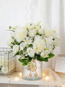1束仿真丝绣球花束，假茶玫瑰，适用于秋季婚礼花瓶，家居餐厅卧室装饰，节日生日派对用品，户外花园装饰 - 白色 - 查看 2
