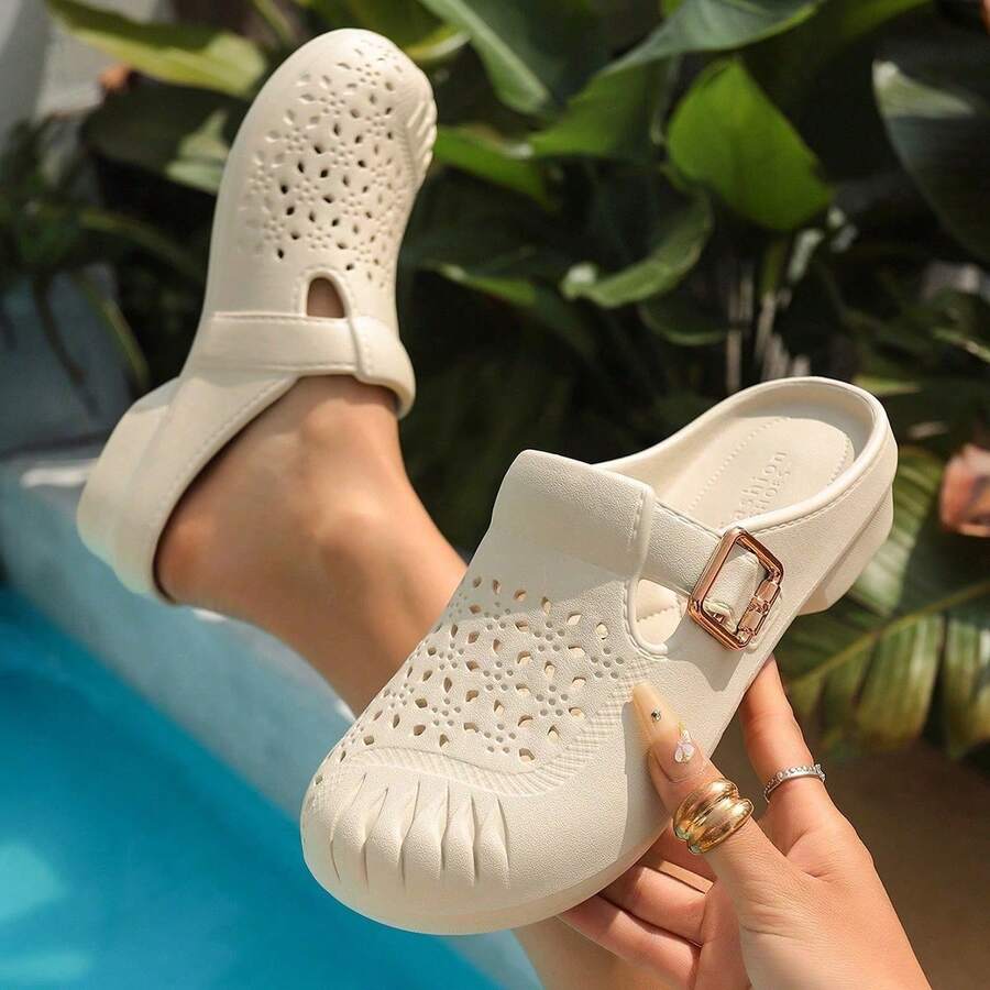 Breathable Perforated Backless Slides, Lightweight Casual Slip-On Sandals - Khaki - View 1