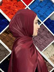 1pc Women Abaya Accessories Solid Color Soft Island Silk Hijab, Conservative Plain Scarf Arab Casual Wear, Daily Use Headband Women - 黑色 - 查看 3