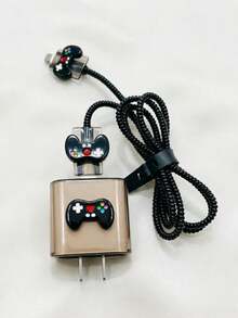 5pcs/Set Game Controller Pattern 1.5m Cable Protector, 18/20W Fast Charging Head Protector, Data Cable Protector, Friend Gift - Black - View 4