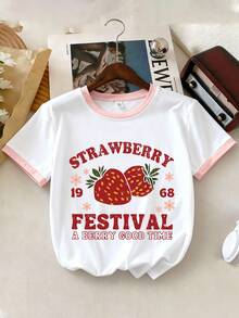 1 Set de Camiseta de Cuello Redondo y Pantalones Cortos con Estampado de Fresa para Niñas Preadolescentes. Diseño Minimalista Cómodo Adecuado para Primavera y Verano - Multicolor - Ver 4