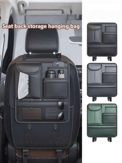 Luxury Nappa Texture PU Leather Car Seat Back Storage Bag - Multi-Pocket Organizer With Tablet Holder And Drink Holder - Universal Car Interior Upgrade Kick Mat (Black)