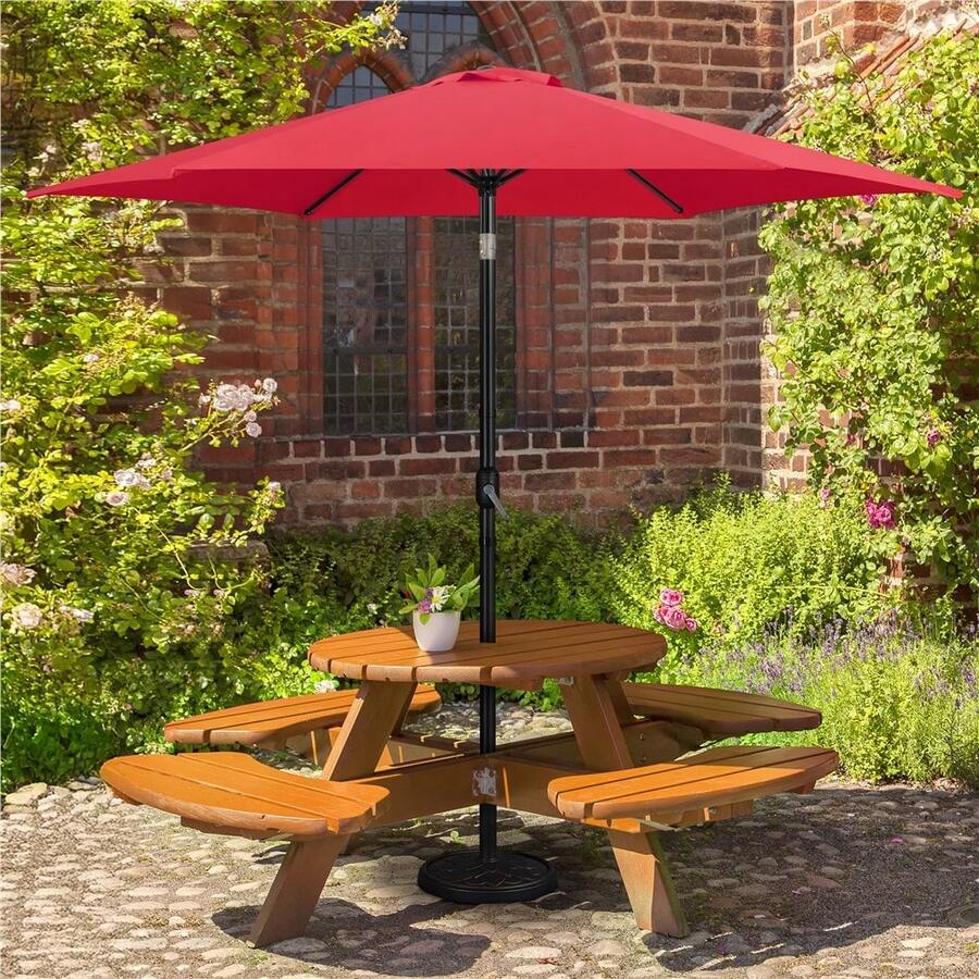 Butterslay 10FT Patio Market Umbrella 6 Ribs Outdoor Umbrella With Crank & Push Button Tilt Weather-Resistant Canopy Outdoor Garden Table Umbrella For Backyard Pool Deck Camping, Dark Green/Red/Tan - 紅色 - 查看 1