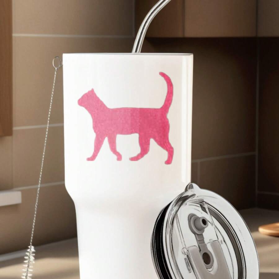 30oz Stainless Steel Tumbler Black White Options,  Pink Cat Silhouette On Black Tumbler Graphic Cups, Insulated Travel Coffee Mug With Lid And Straw , Double Wall Vacuum Reusable Travel Cups, Funny Birthday Party Gift For Women & Men - 白色 - 查看 1