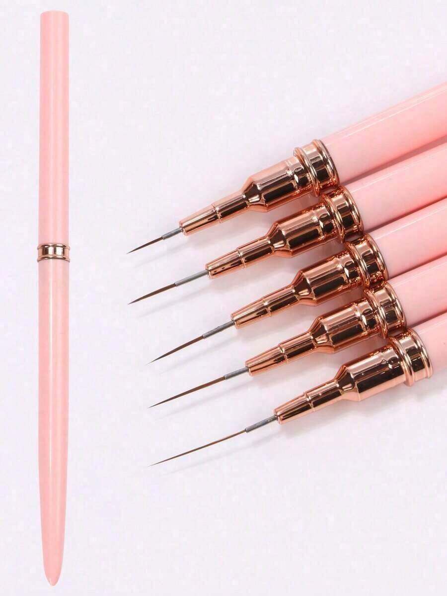 5-Pcs Nail Line Brush Set Slender Line Stripe Paintbrush UV Gel Painting Nail Design Pen Professional Nail Tools,Suitable For Nail Art Starter Manicure Salon Home DIY For Girls Women - 嬰兒粉 - 查看 1