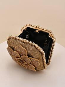 1个迷你女士奢华水钻盒形手拿包、手提包、单肩包，时尚、奢华、镶钻、钻石花卉图案，闪亮、优雅、简约，适合派对、舞会、夜店、约会、生日、晚宴、约会之夜、宴会等场合。 - 金色 - 查看 4