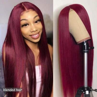 Peluca de cabello humano mezclado de 16 pulgadas y 180% de densidad, sin pegamento, lista para usar, para mujeres, peluca frontal de encaje de 13x4, 180 de densidad, cabello brasileño humano mezclado liso como hueso, peluca frontal de encaje HD con cabello bebé en los bordes, peluca frontal de encaje liso, cabello humano mezclado 99J Borgoña