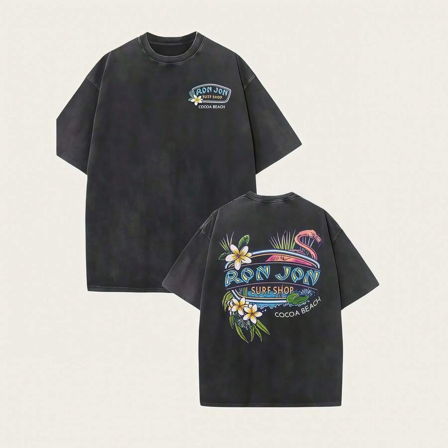 Men's T-Shirt, Surf Shop Pattern T-Shirt, Street Style - 黑色 - 查看 1