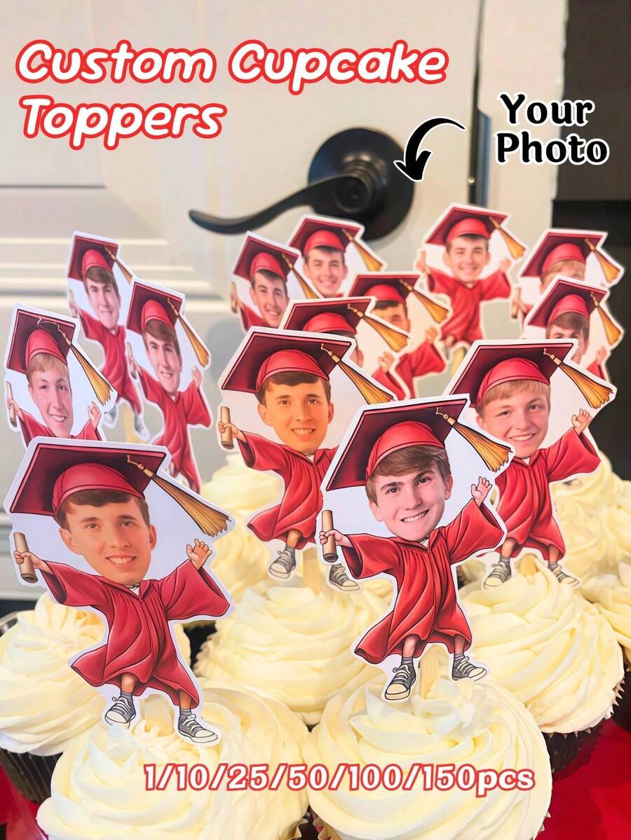 1/10/25/50/100/150 Pcs Customizable Graduation-Themed Cupcake Inserts, Personalized Face Cupcake Toppers, Custom Face Cupcake Decorations, Custom Cupcake Decorations With Different Face Photos, Graduation Cake Decoration Party Hat Cupcake Toppers. - Multicolor - View 1
