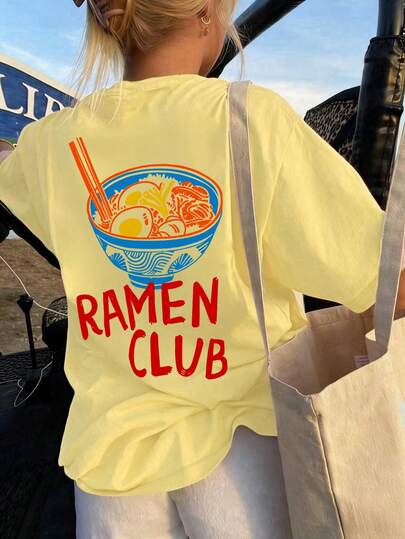 复古风宽松T恤，少女款，拉面及标语印花，超大短袖上衣，适合外出休闲、日常穿着。