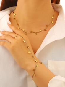 复古优雅简约时尚树叶项链和指链套装，不锈钢首饰，女士首饰套装，百搭日常休闲夏季海滩度假首饰配饰项链手链 - 金色 - 查看 11