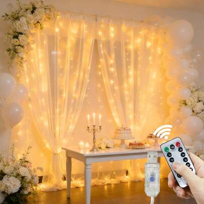 一套USB供电的LED窗帘灯，带遥控器，8种灯光模式，营造温馨氛围，浪漫婚礼派对花环仙女灯串，适用于万圣节、圣诞节、开斋节、复活节、母亲节、客厅、卧室、舞台、室内装饰、生日、求婚、婚礼仪式等场合。