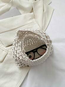 New Spring/Summer Hollow Mesh Mini Handbag, Woven Rope Wristlet, Fashion Beach Vacation Bucket Bag - White - View 6