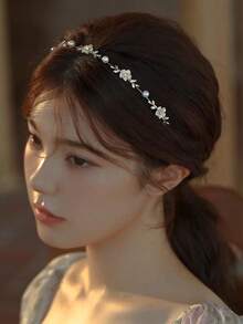 1件珍珠花朵水钻合金极简主义发箍，女士款 - 金色 - 查看 3