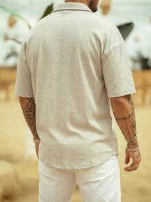 男士度假风纯棉衬衫，米色条纹衬衫，宽松领上衣，透气沙滩度假装 - 彩色 - 查看 5