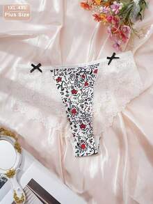 Women's Lace Patchwork Panties, High-Waist Plus Size Bikini Briefs - White - View 6