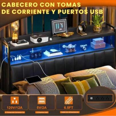 Full Upholstered Led Marco de Cabecero de Almacenamiento para Cama de Full con luz LED RGB, Marco de Cama de Plataforma de Terciopelo con Cabecera Wingback, Sin Ruido