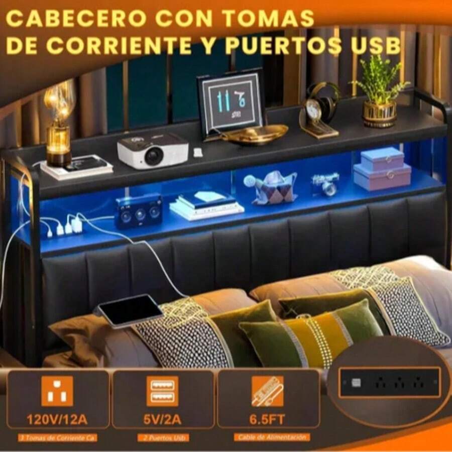 Full Upholstered Led Marco de Cabecero de Almacenamiento para Cama de Full con luz LED RGB, Marco de Cama de Plataforma de Terciopelo con Cabecera Wingback, Sin Ruido