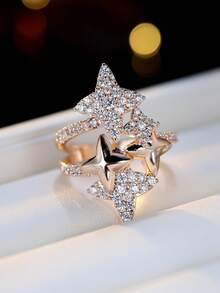 1pc Women's Ring, Asymmetrical Star Stud Design, Minimalist Punk Style, Inlaid Synthetic Cubic Zirconia, Versatile Daily Wear - Ring - View 2
