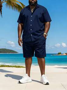 Plus Size Men's Shirt Set, Short Sleeve Shirt And Shorts 2-Piece, Solid Color Machine Washable - Navy Blue - View 3