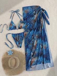 3pcs Women's Sexy Floral Print Bikini Set With Tie-Up Back And Mesh Skirt, Summer Vacation Beach - Màu xanh lam - Xem 3