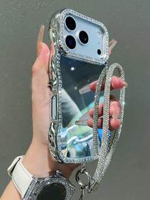 Funda de teléfono con espejo de maquillaje de lujo, cuerda corta con diamantes, compatible con iPhone 17 Pro Max, 16 Pro Max, 17 Pro, 16, 15 Pro Max, con borde ondulado y protección contra golpes - Plateado - Ver 2