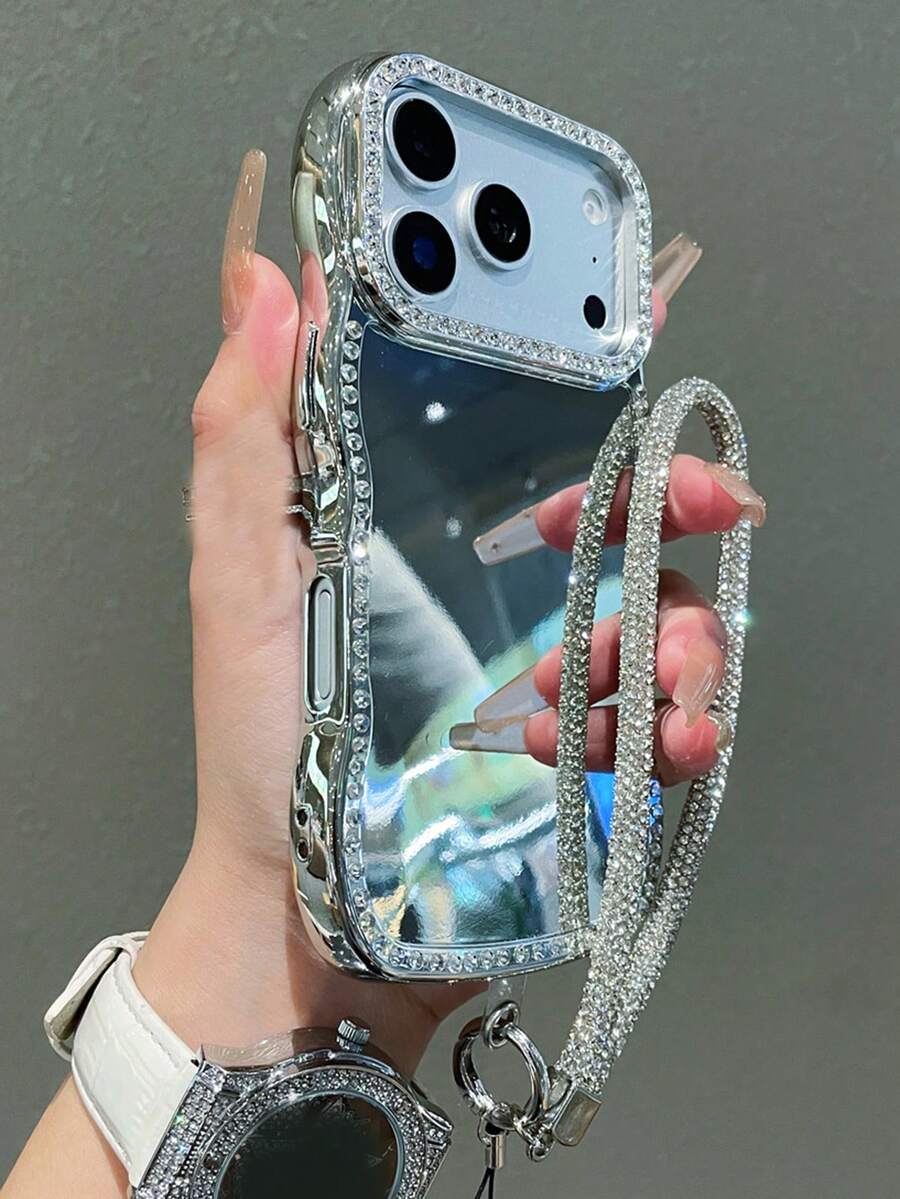 Funda de teléfono con espejo de maquillaje de lujo, cuerda corta con diamantes, compatible con iPhone 17 Pro Max, 16 Pro Max, 17 Pro, 16, 15 Pro Max, con borde ondulado y protección contra golpes
