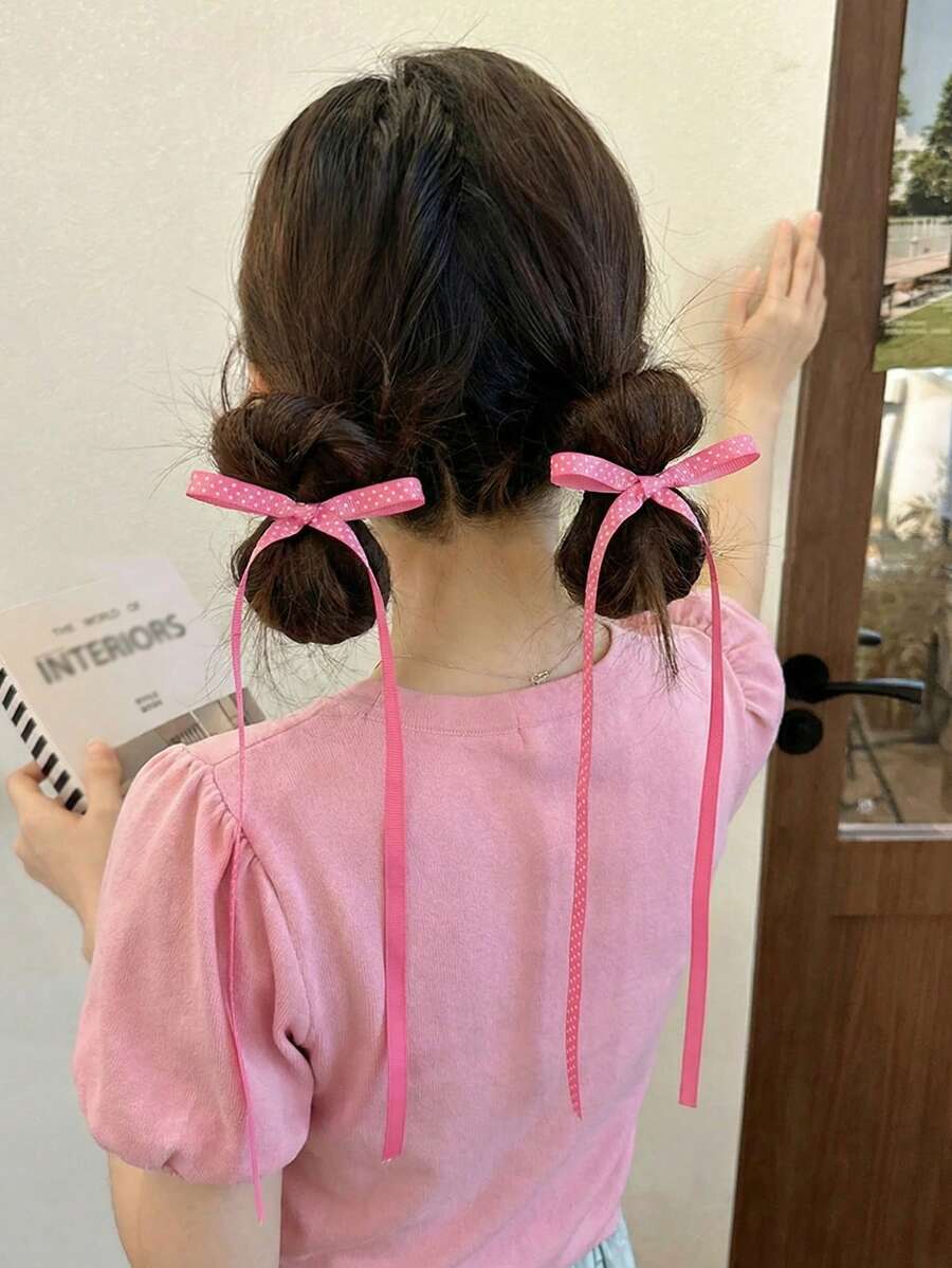 2pcs Women's Fashion Elegant Rose Red Polka Dot Ribbon Bow Hair Clips, Suitable For Daily Wear, Spring/Summer Parties And Outings - Hot Pink - View 1