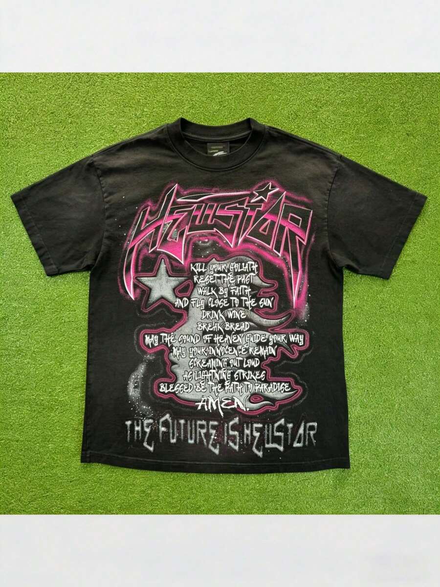 Hellstars Prayer Path To Paradise Y2K Graphic T-Shirt,220g 100% Cotton,Round Neck Short Sleeve,Black Streetwear Essential For Summer Going Out,Unisex Style - Black - View 1