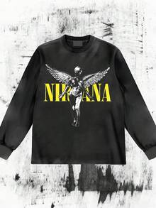 Fashionable Hip-Hop For Men - Long Sleeve T-Shirts Black Nirvanas Angel Graphic Street Wear, Graphic T-Shirt, Funny Vintage Shirts, Regular Fit, Street Style, Digital Print, Ideal Gift - 黑色4 - 查看 5