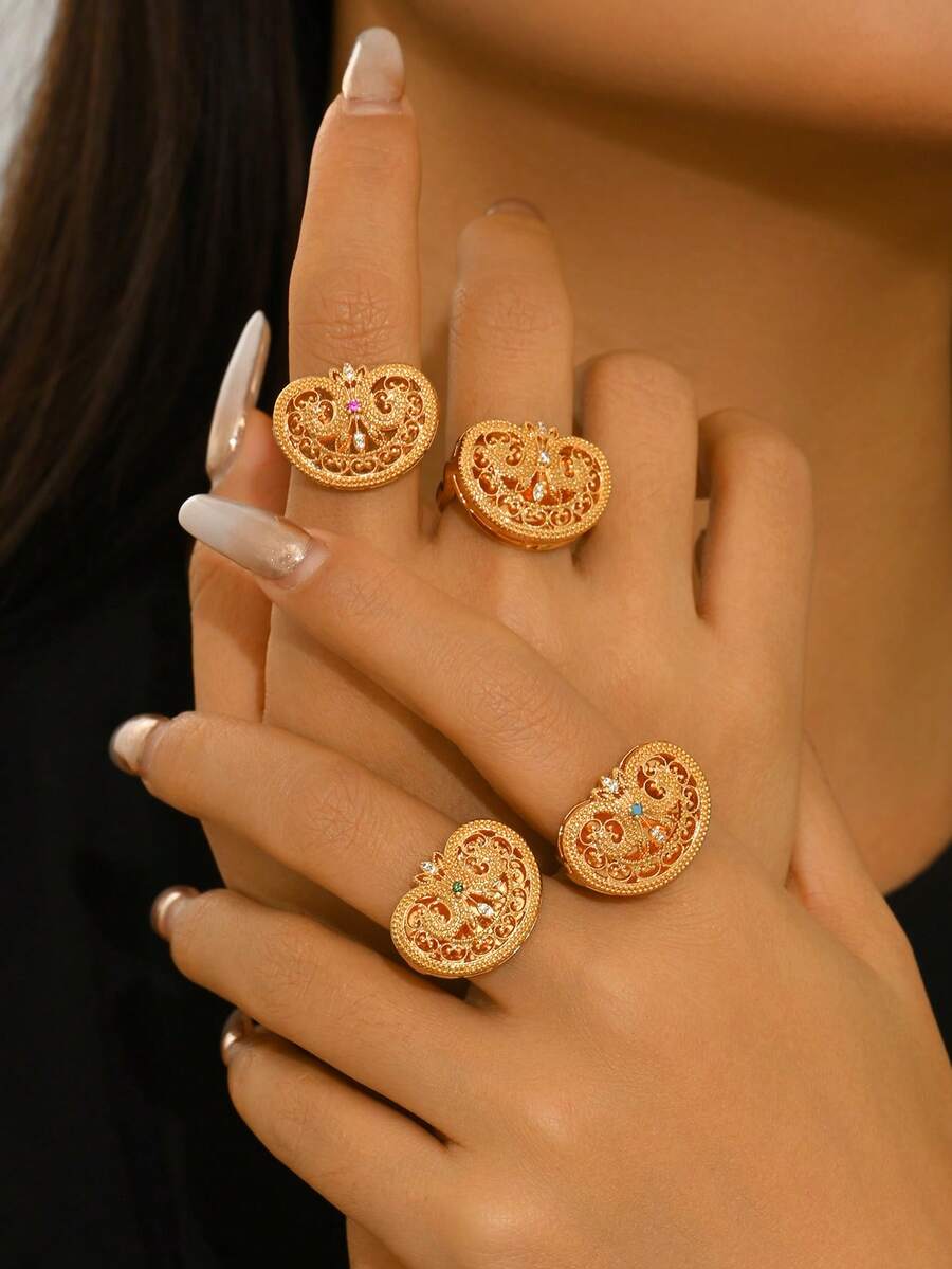 1枚铜镶嵌氧化锆镂空纹理可调节戒指，日常佩戴及节日礼物，女士之选 - 彩色 - 查看 1