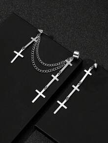 男士不锈钢多十字吊坠不对称耳环一对 - 銀色 - 查看 1