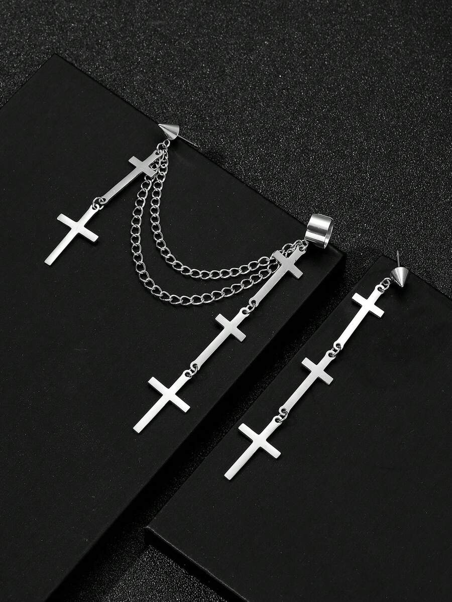 男士不锈钢多十字吊坠不对称耳环一对 - 銀色 - 查看 1