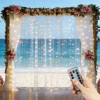 USB供电LED窗帘灯，带遥控器，8种灯光模式，可调光，金属材质，内置红外传感器，独立式梦幻主题，适合卧室墙面装饰，圣诞节、派对、万圣节等场合的理想之选。