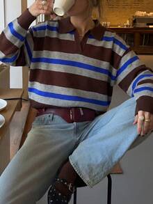 Camisa polo de punto a rayas minimalista para mujer, primavera/verano - Multicolor - Ver 3