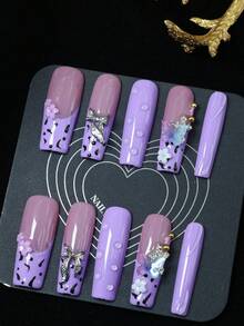 CrystalHola Handmade Coffin-Shaped Nails, Y2K Style Nails, Spring/Summer, Purple & Black Color With Rhinestones, Bows, Butterflies, Leopard Print, French Tips, Pure Handmade Nails. Suitable For Women And Girls. 10 Pieces/Set, 3 Sizes. Fits Parties, Weddings, And Daily Wear. Includes Tools. Great Gift For Ladies' Nail Supplies. - Multicolor - View 2