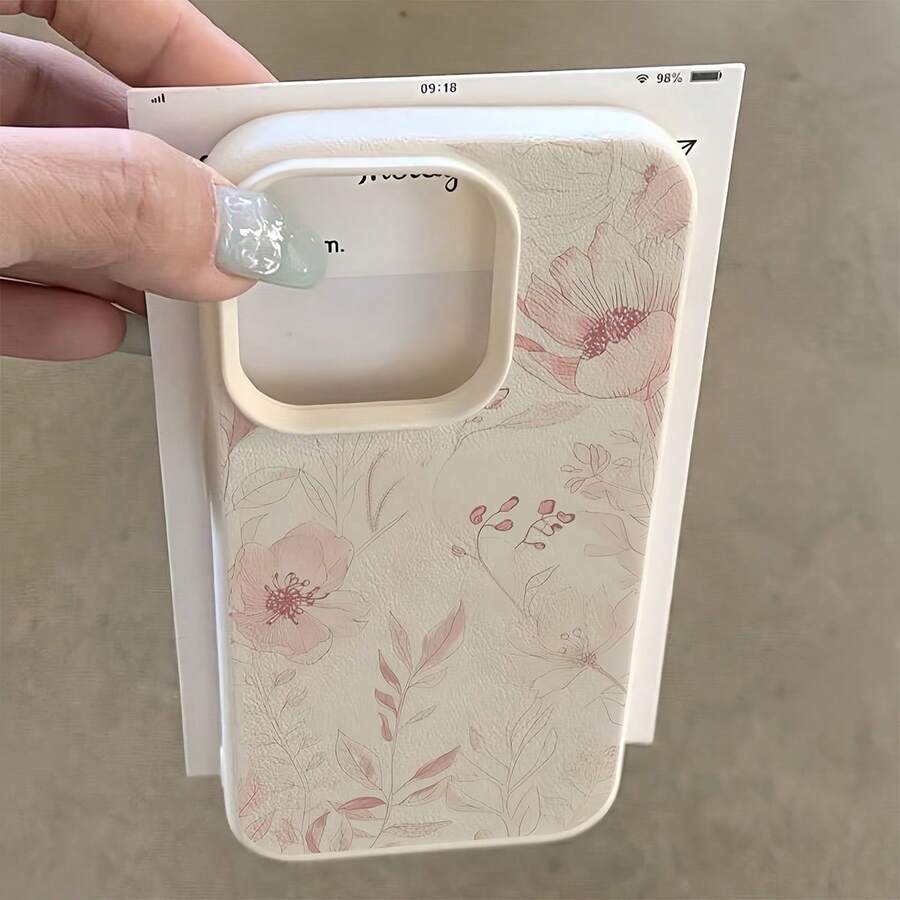 植物图案白色皮革纹理简约线条树叶枝条花卉手机壳，适用于 16 Pro Max、17/16/15/14 Plus、13/12/11、Air 系列，国际版，非国内版 - 彩色 - 查看 1