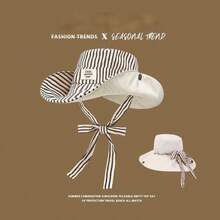 1顶女士条纹抽绳渔夫帽，户外大帽檐防紫外线双面徒步帽，多功能 - 雙面白標條紋 - 查看 8