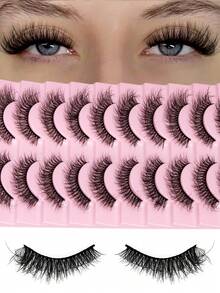 10对自然猫眼假睫毛，轻盈3D仿貂毛假睫毛套装，柔软条状假睫毛 - 适合角色扮演假睫毛、假睫毛、仿真睫毛 - 黑色 - 查看 1