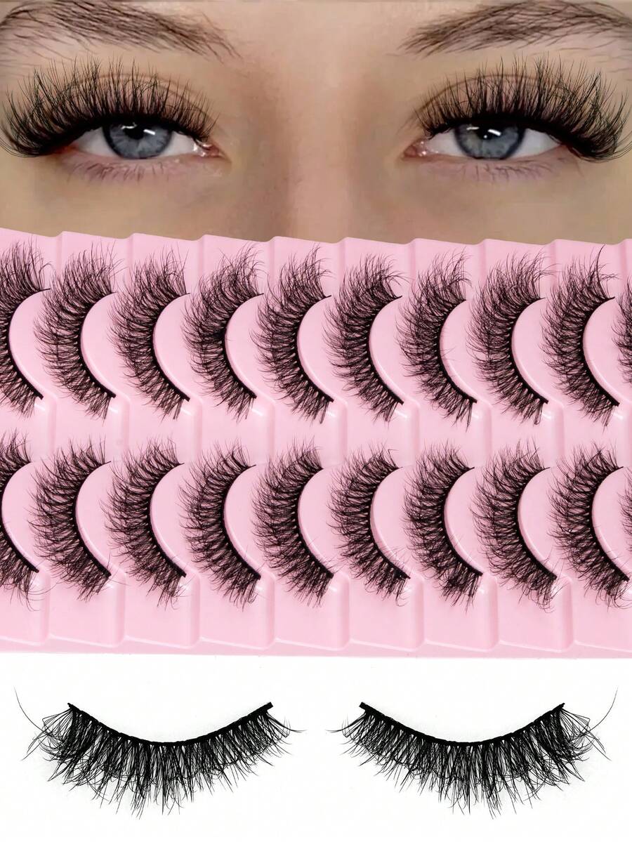 10对自然猫眼假睫毛，轻盈3D仿貂毛假睫毛套装，柔软条状假睫毛 - 适合角色扮演假睫毛、假睫毛、仿真睫毛 - 黑色 - 查看 1