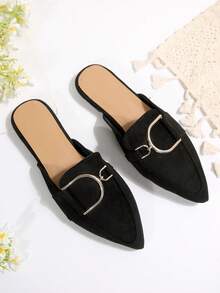 Black Flat Mule Shoes With Metal Buckle Decor, Pointed Toe Slip-On Backless Loafers For Women, Casual Elegant Comfortable Office Commute Minimalist Shoes, Spring Autumn - Black - View 6