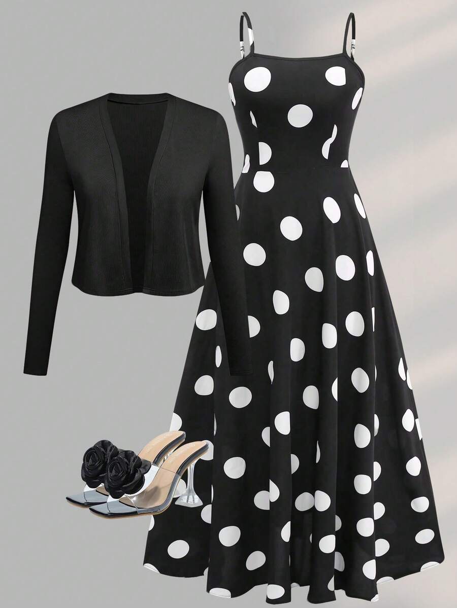 女士波点吊带连衣裙，系带腰身，喇叭裙摆，搭配针织开衫，波西米亚风印花夏季度假装扮 - 黑與白 - 查看 1
