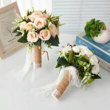1支新款人造玫瑰手捧花束，适用于伴娘、新娘、婚礼用品、摄影、婚礼仪式、客厅装饰 - 香檳 - 查看 9