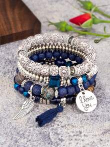 4 pièces Nouveaux bracelets bohèmes, bracelets à franges multicouches créatifs en perles, bijoux mode pour femmes - Gris - Voir 8