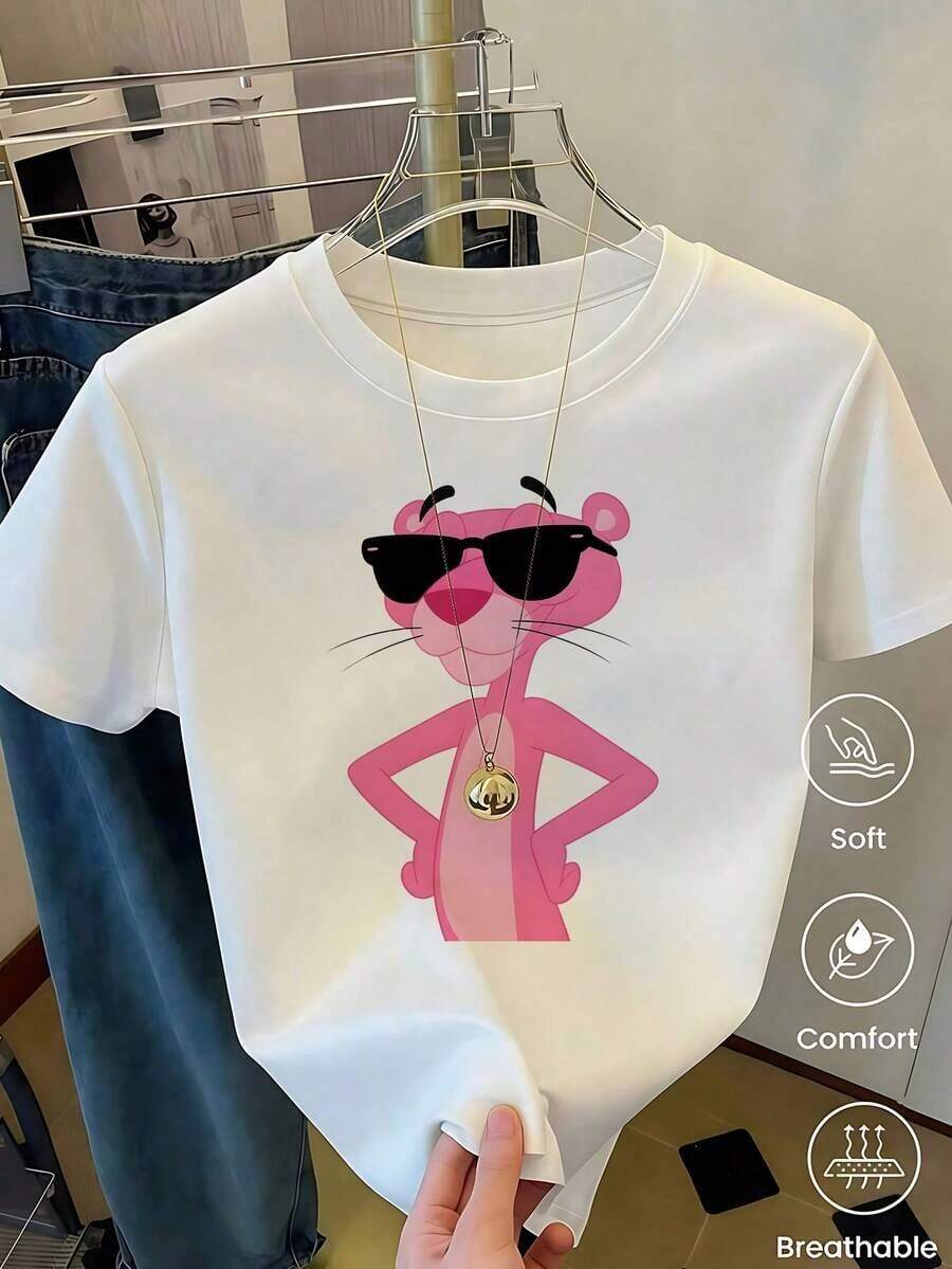 Women's White T-Shirt With Graphic And Sunglasses, Retro Cartoon Aesthetic Short Sleeve T-Shirt, Fun Modern Top, Casual Street Fashion Blouse - 紅色和黑色 - 查看 1