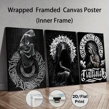 3件套圣母玛利亚涂鸦纹身骑士黑白海报墙艺术帆布画，奇卡诺文化叛逆女孩房间装饰 - 彩色 - 查看 14